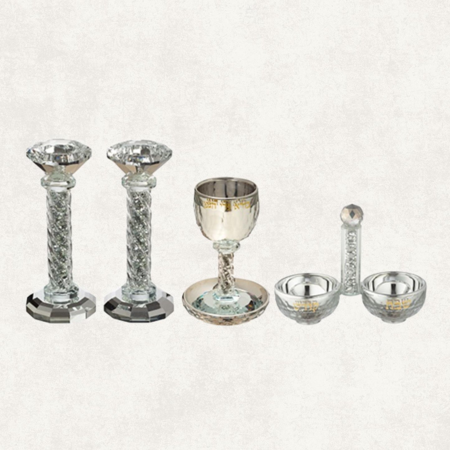 Crystal Shabbat Set – Candlesticks, Kiddush Cup & Salt Dish