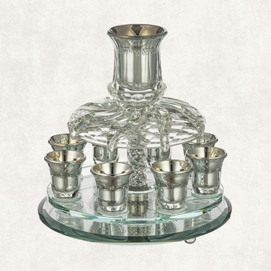 Crystal Kiddush Fountain with 8 Cups - Silver