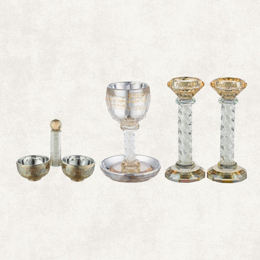 Amber Crystal Shabbat Set – Kiddush Cup, Candlesticks & Salt Dish