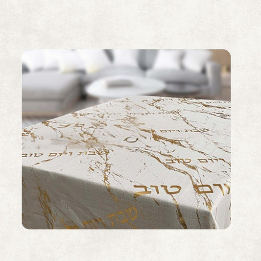 White & Gold Marble Shabbat Tablecloth