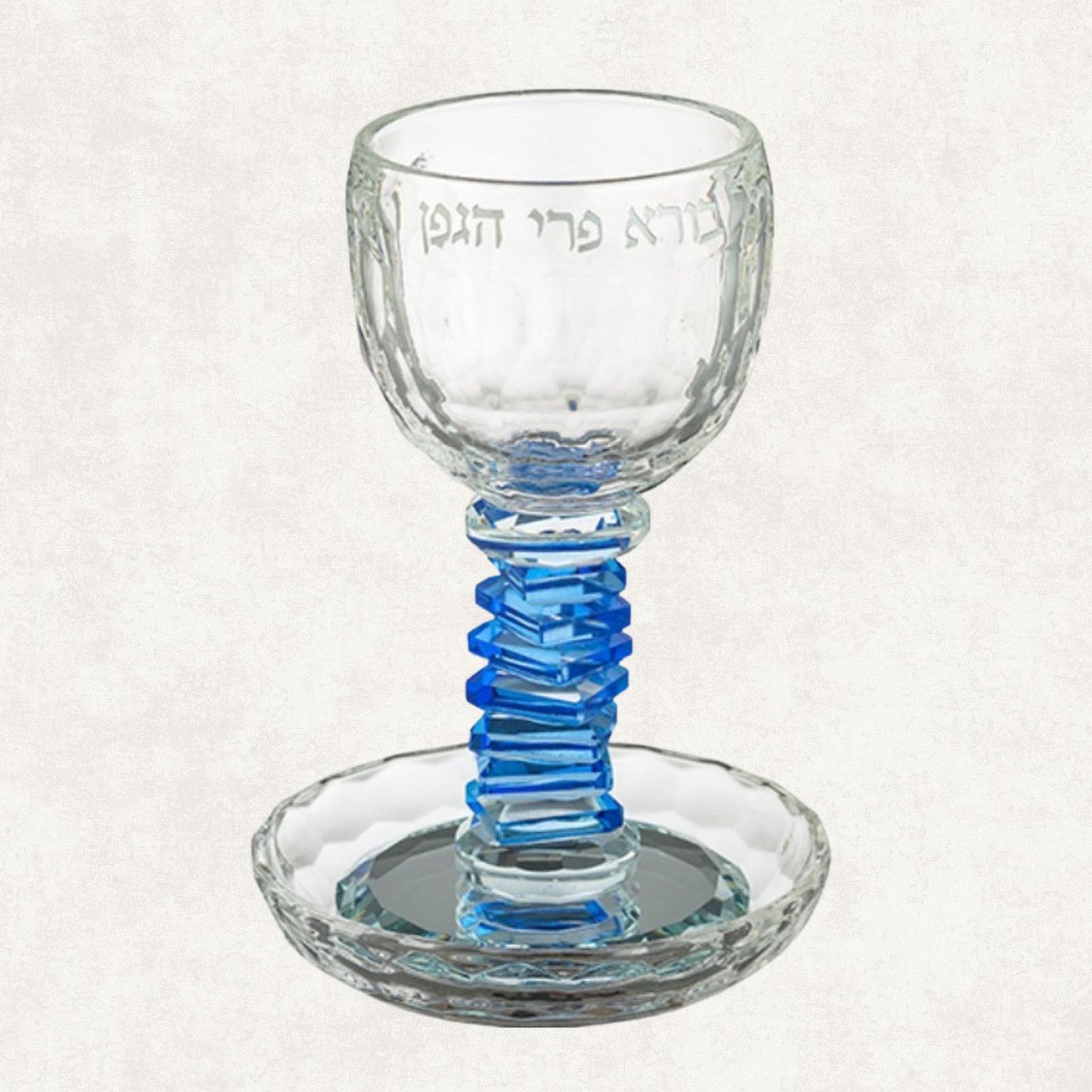 Crystal Kiddush Cup with Blue Stem & Plate